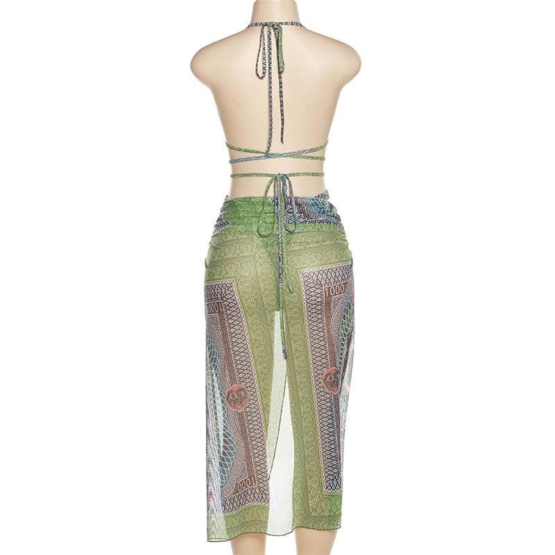 Abstract Print Mesh Halter Contrast Backless Self Tie Pant Set