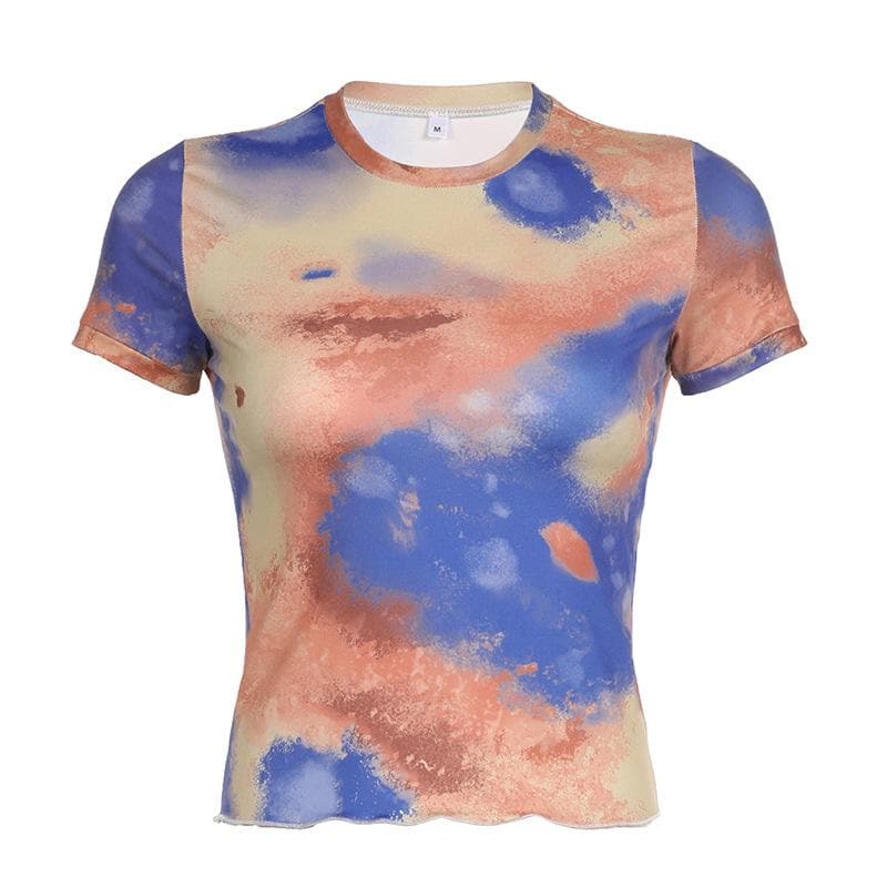 Tie dye short sleeve crewneck contrast top