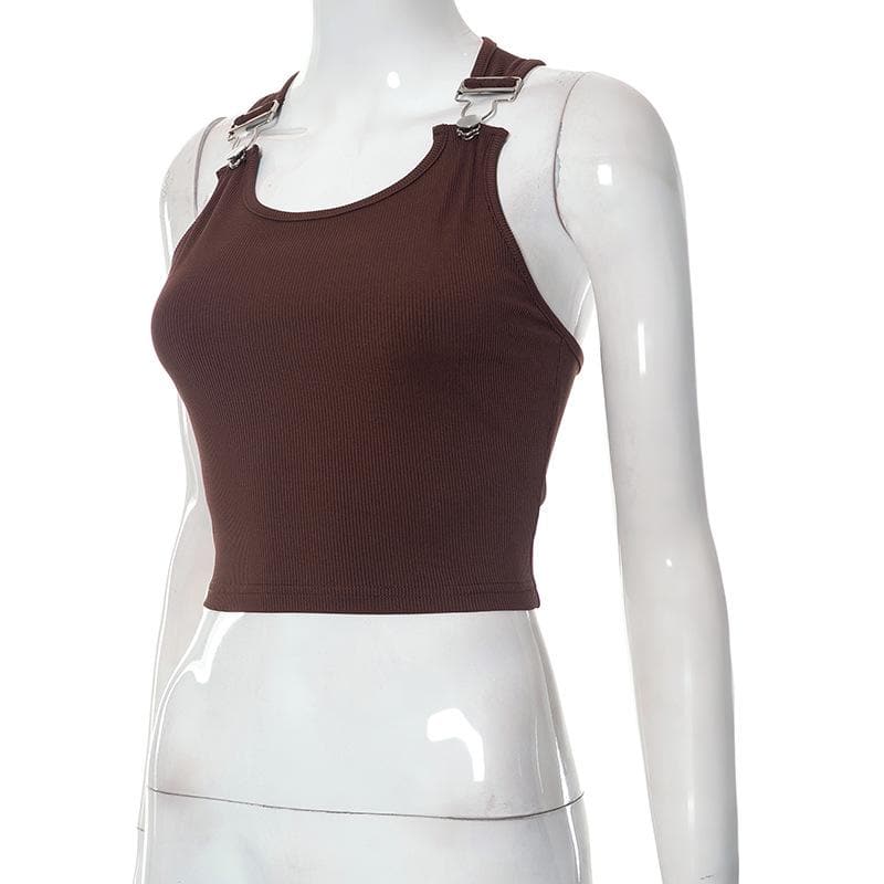 Ribbed buckle u neck sleeveless solid crop top