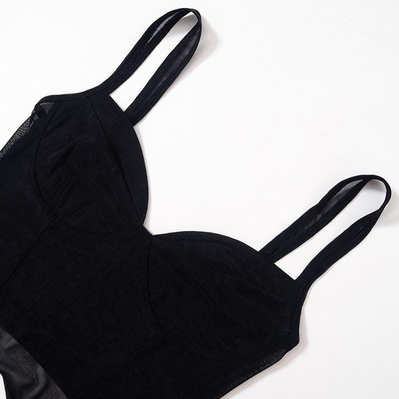 Mesh sleeveless solid backless v neck crop top