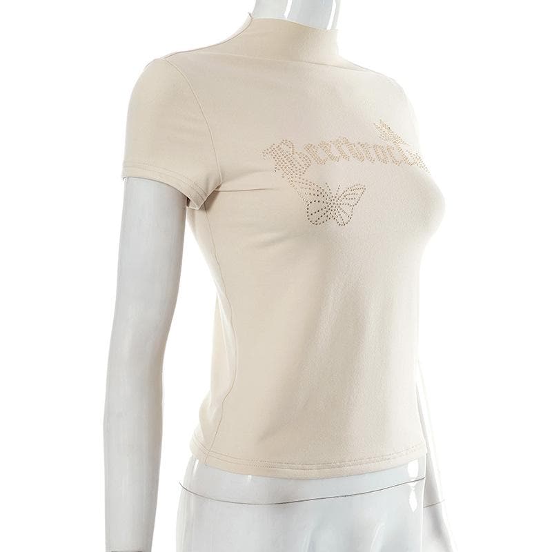 Top a maniche corte con collo alto e perline 
