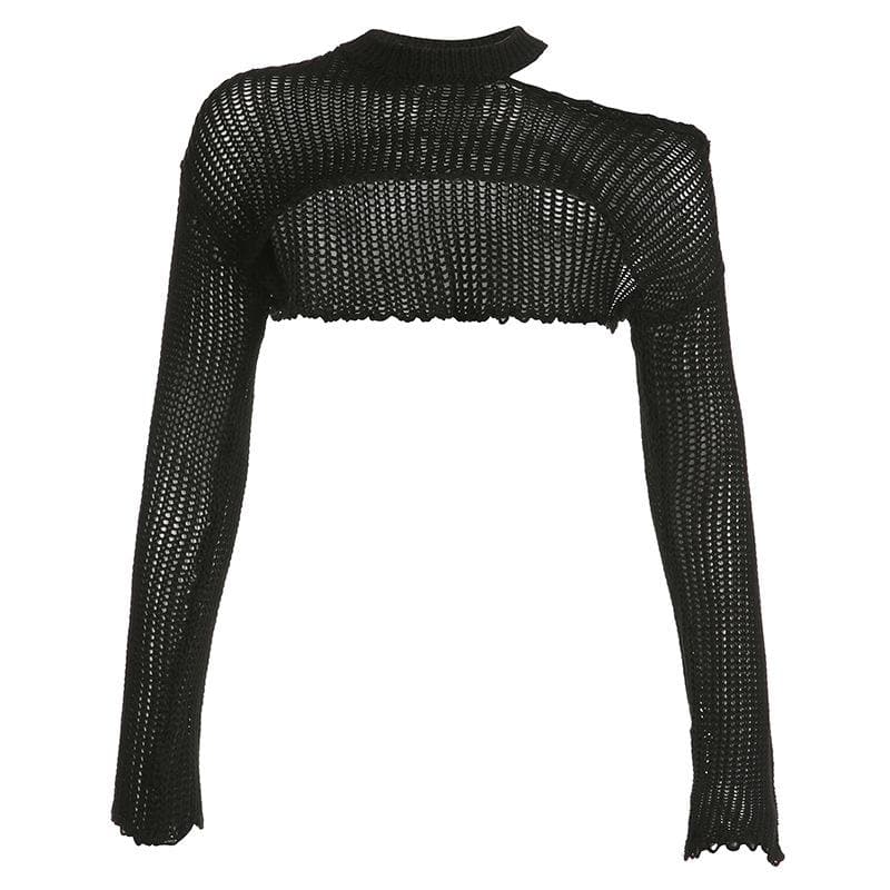 Top a scollo tondo a maniche lunghe con scollo a V irregolare lavorato all'uncinetto
