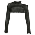 Top a scollo tondo a maniche lunghe con scollo a V irregolare lavorato all'uncinetto