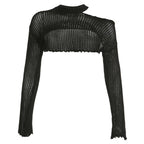 Top a scollo tondo a maniche lunghe con scollo a V irregolare lavorato all'uncinetto