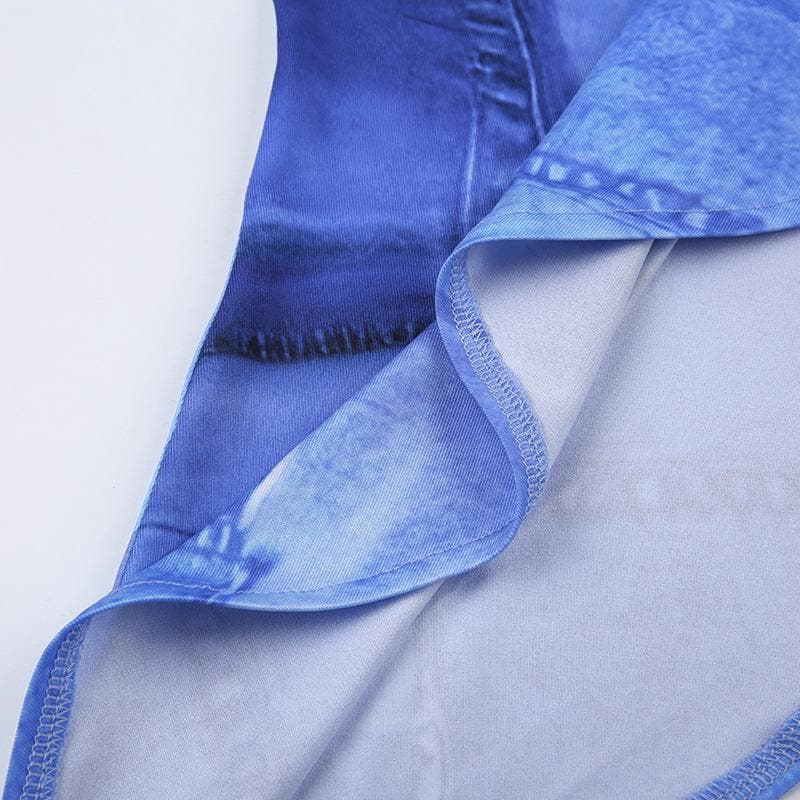 Top in denim con stampa e coulisse irregolare con monospalla