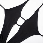 Hollow out solid halter backless self tie romper