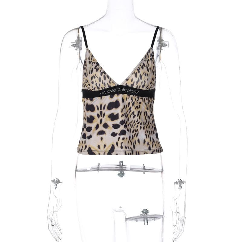 Top canotta con scollo a V e schiena scoperta, patchwork di perline e stampa leopardata 