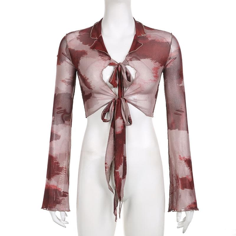 Sheer mesh see through long sleeve tie dye ruffle self tie crop top