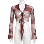 Sheer mesh see through long sleeve tie dye ruffle self tie crop top