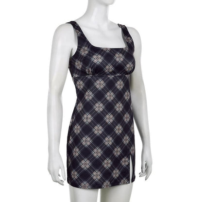 Plaid contrast square neck slit zip-up sleeveless mini dress