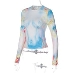 Long sleeve crewneck flower print contrast top