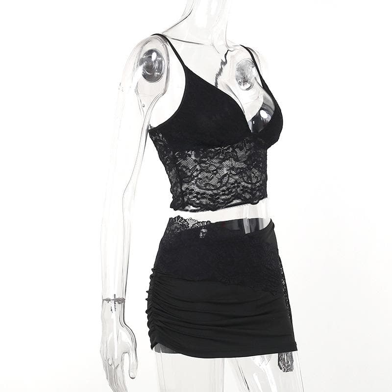 Lace v neck backless ruched irregular solid cami mini skirt set