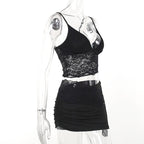 Lace v neck backless ruched irregular solid cami mini skirt set