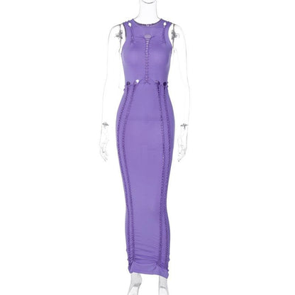 Crewneck sleeveless hollow out solid ruched maxi dress
