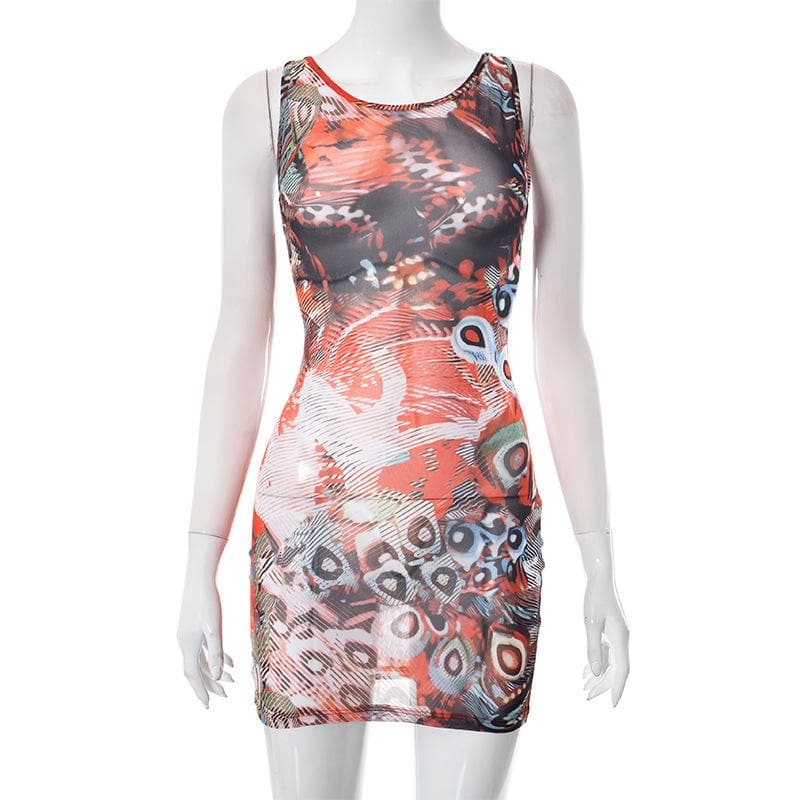 Abstract Sleeveless Sheer Mesh See Through Contrast Mini Dress