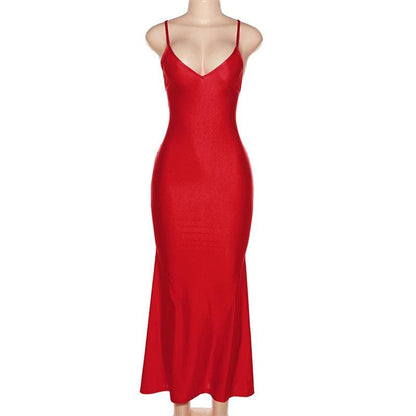 Tief ausgeschnittenes, gerüschtes, einfarbiges, rückenfreies Camisole-Maxikleid mit V-Ausschnitt 