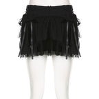 Lace up zip-up patchwork ruched mesh low rise solid mini skirt