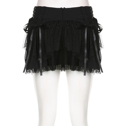Lace up zip-up patchwork ruched mesh low rise solid mini skirt