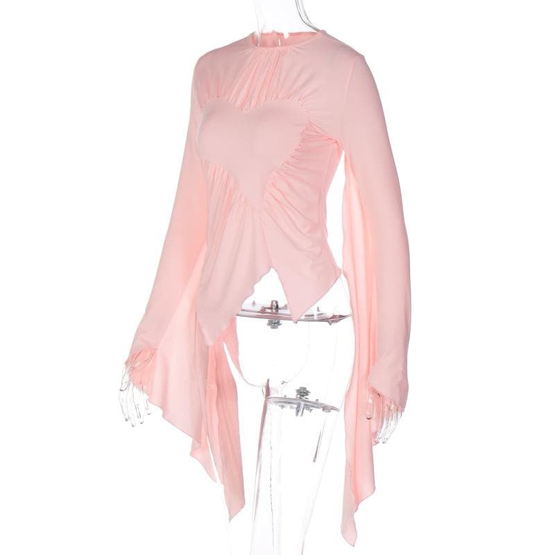 Irregular long sleeve ruched crewneck solid top