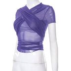 Sheer mesh see through cross front short sleeve solid self tie top