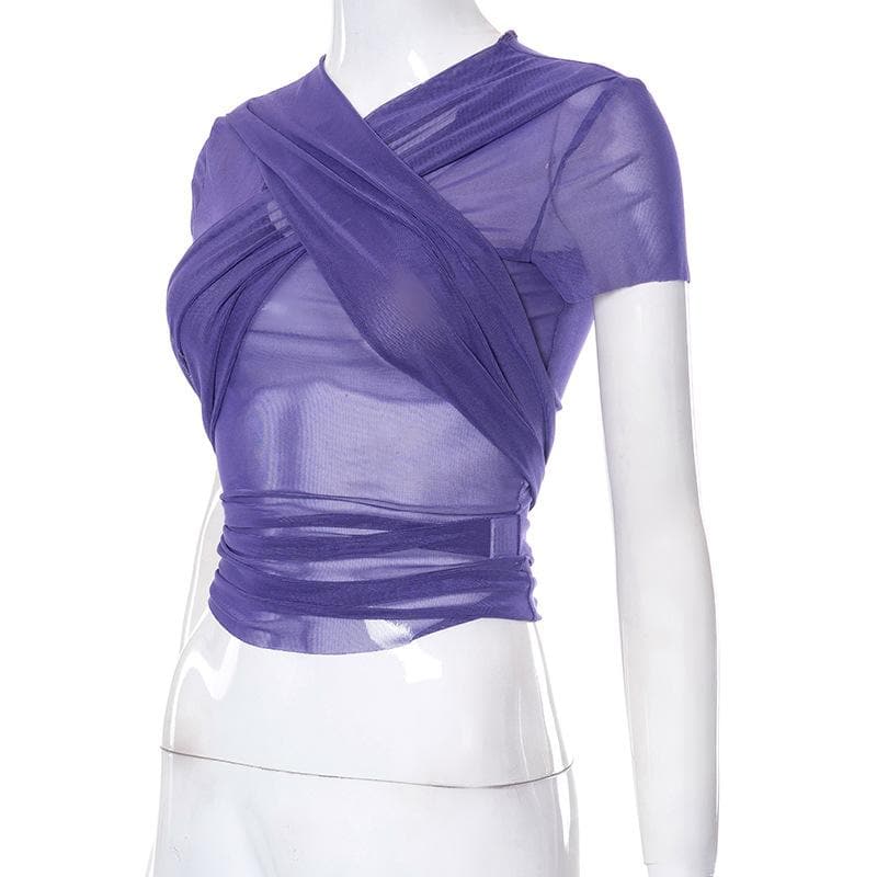 Sheer mesh see through cross front short sleeve solid self tie top