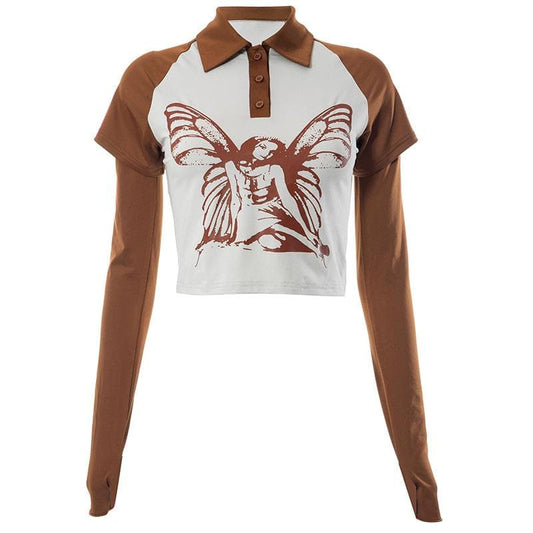 Top corto con colletto rovesciato, maniche corte, bottoni, guanti e patchwork a contrasto 
