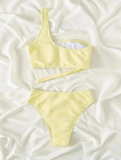 Costume da bagno bikini monospalla con catena metallica irregolare