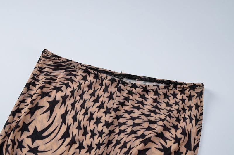 Durchsichtiges Bodysuit-Hosenset aus transparentem Netzstoff mit hohem Halsausschnitt und ärmellosem Sternmuster 