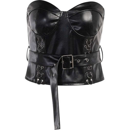 Sweetheart neck backless belt PU leather corset zip-up top