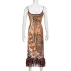 Abstract Ruffle Contrast Ruched Cami Maxi Dress