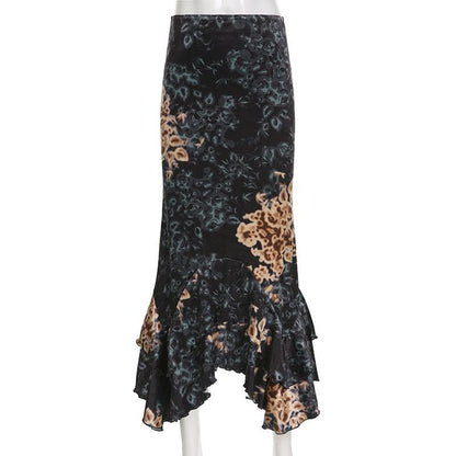 Flower print velvet contrast ruched irregular low rise maxi skirt