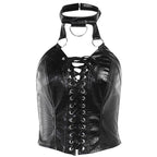 Lace up halter o ring backless PU leather crop top