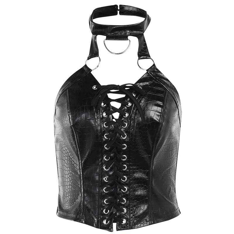 Lace up halter o ring backless PU leather crop top
