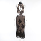 Completo gonna midi con scollo a V e schiena scoperta in pizzo con allacciatura all'americana 