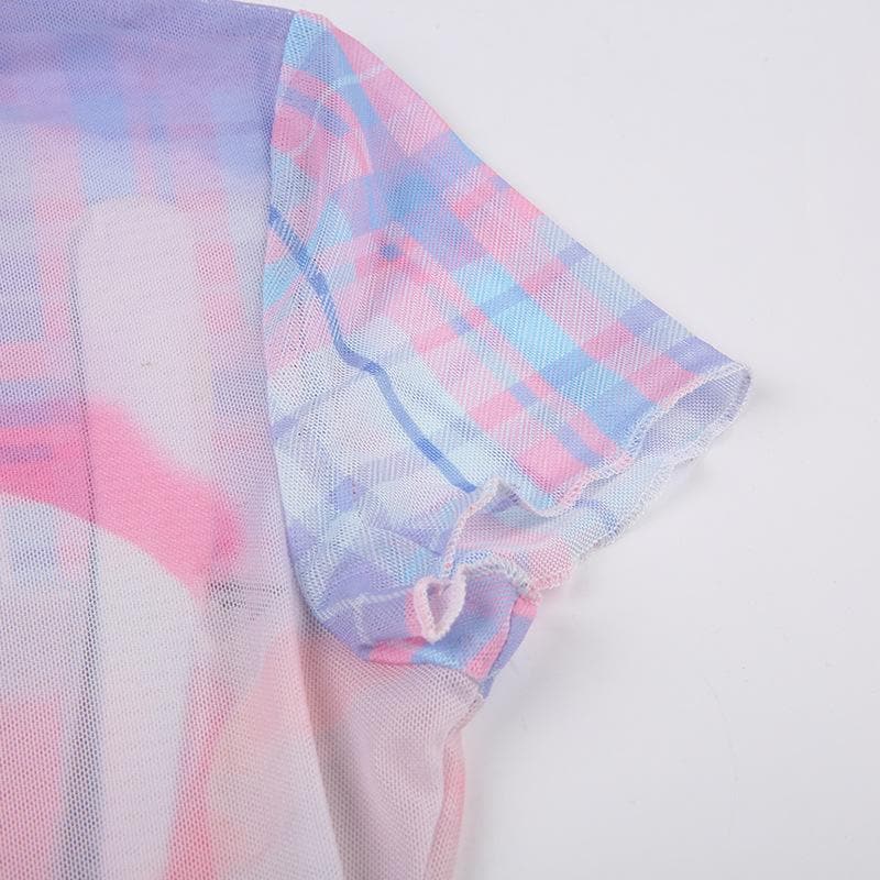 Short sleeve plaid sheer mesh see through rabbit pattern ruffle top