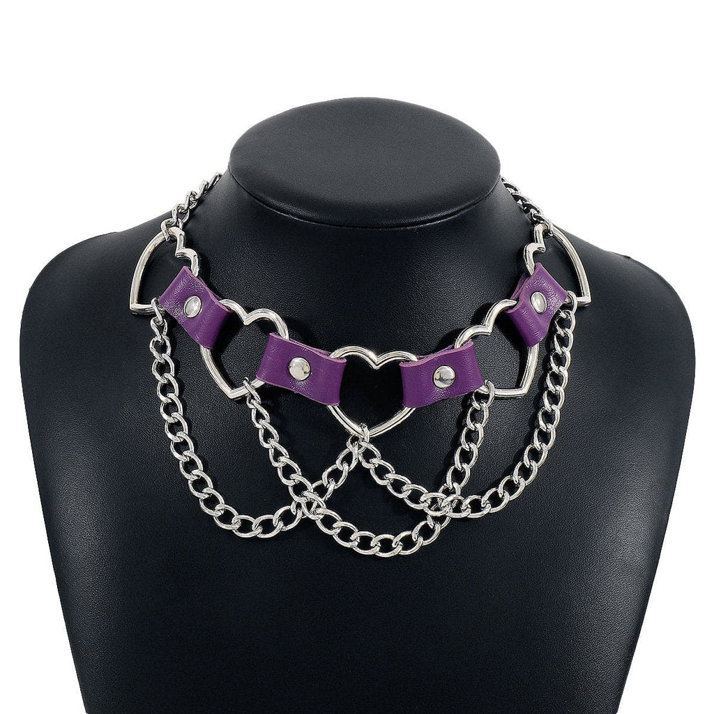 Heart Ring Pu Chain Layered Choker Necklace