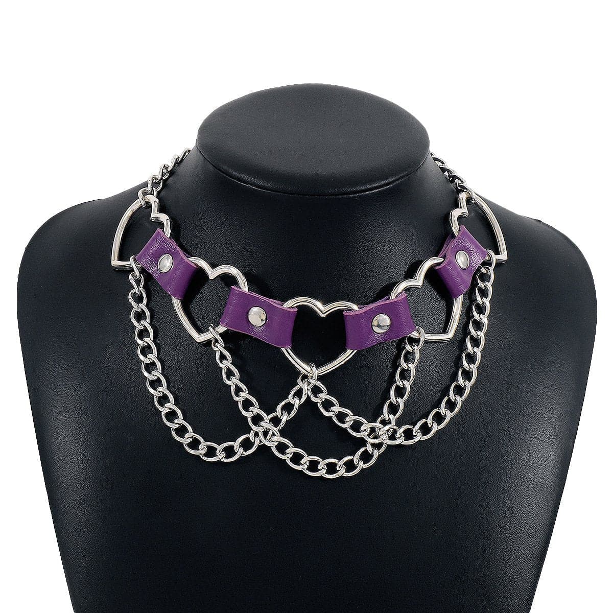 Heart Ring Pu Chain Layered Choker Necklace