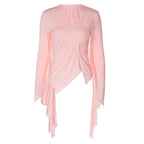 Irregular long sleeve ruched crewneck solid top
