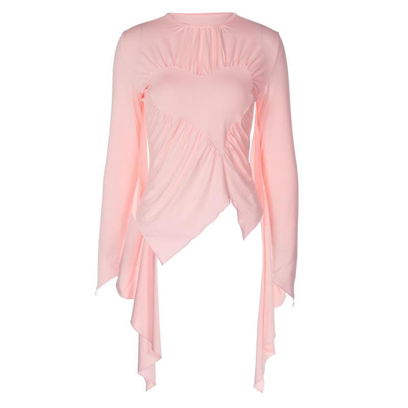Irregular long sleeve ruched crewneck solid top