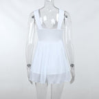 Button patchwork chiffon ruffle low cut mini dress