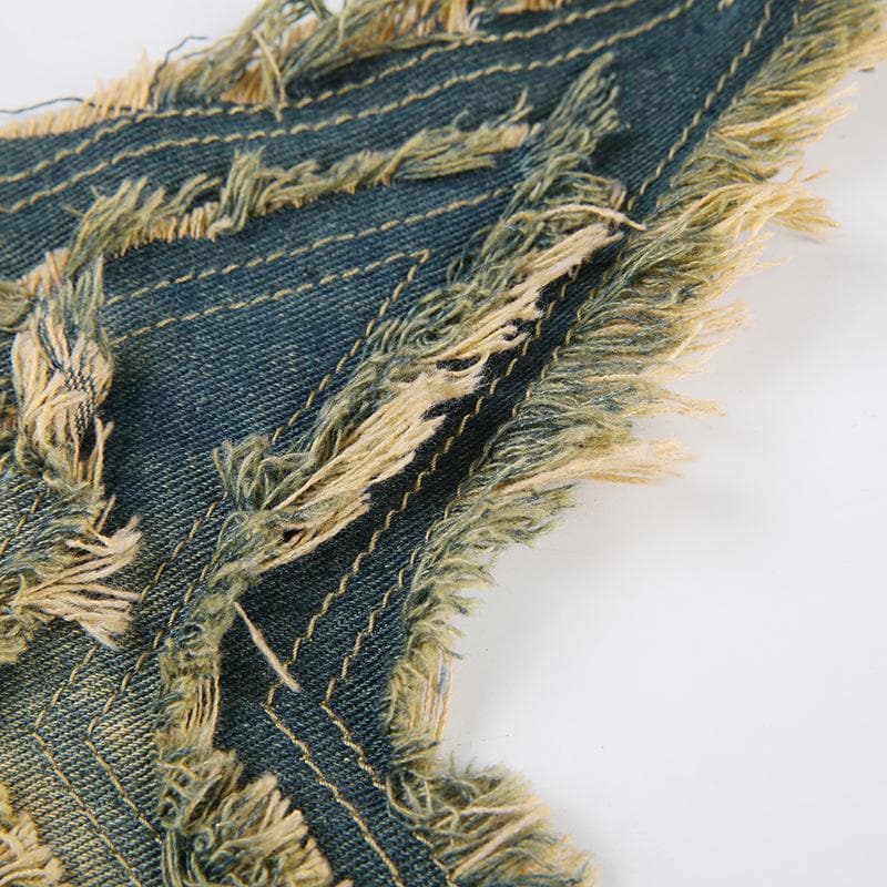 Halter self tie denim star pattern backless contrast top