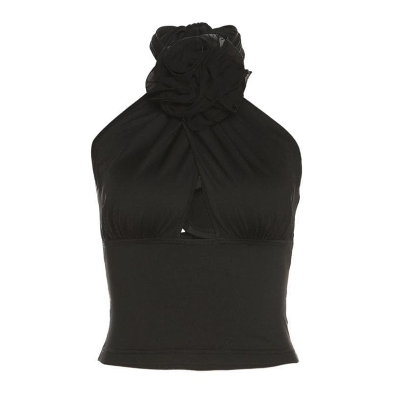 Flower applique hollow out solid backless halter crop top