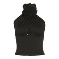 Flower applique hollow out solid backless halter crop top