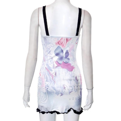 Comic pattern contrast ruffle backless square neck sleeveless mini dress
