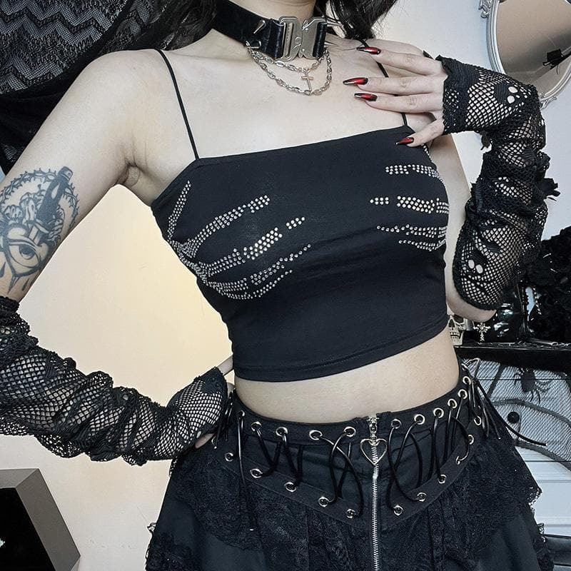 Beaded square neck backless palm pattern crop top