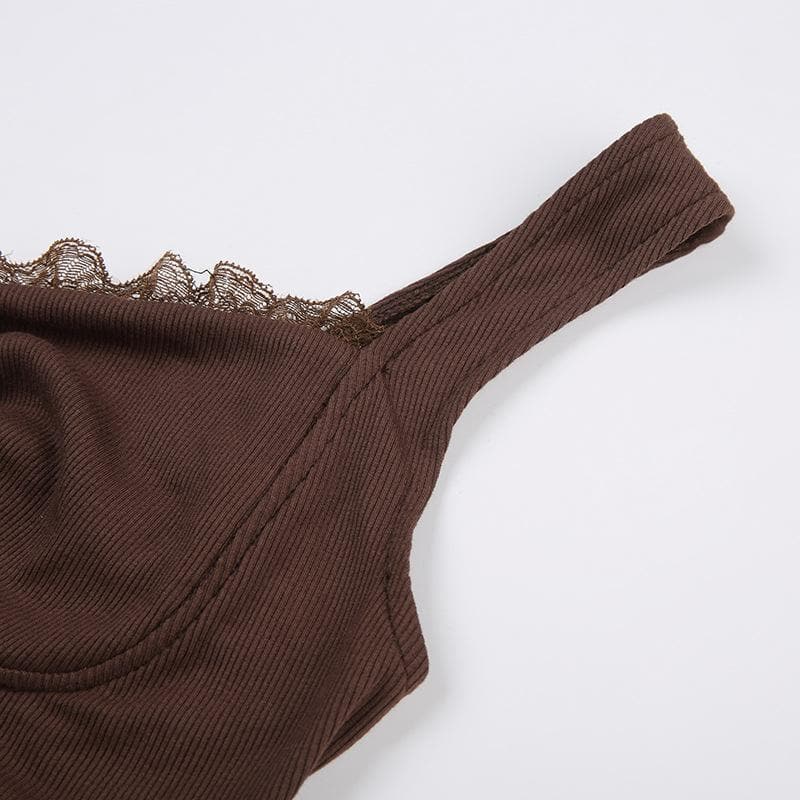Top corto senza maniche con scollo a V, coulisse e orlo in pizzo 