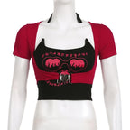 Buckle abstract contrast halter short sleeve 2 piece crop top