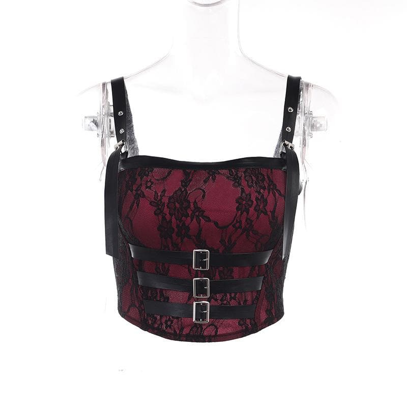 Top corto con scollo quadrato, schiena scoperta, pizzo smock e fibbia a contrasto 