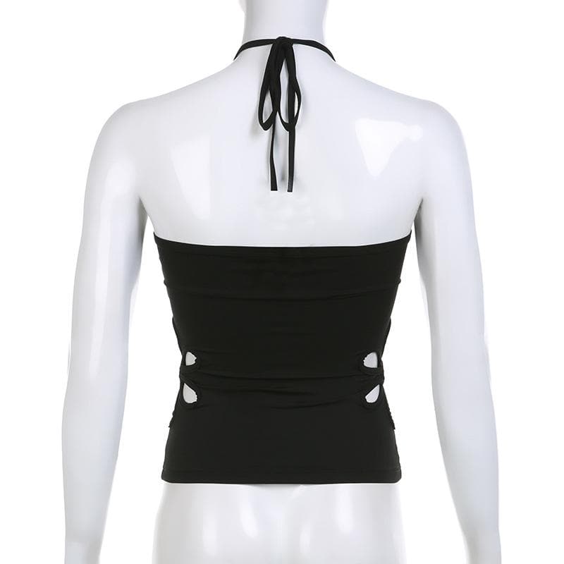 Hollow out solid halter backless drawstring self tie top