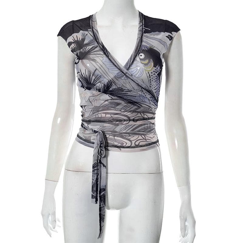 Sheer mesh see through contrast v neck self tie cap sleeve crop top